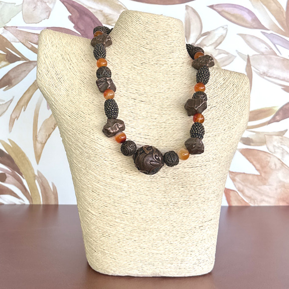 WCJ Antique Bronze Brass & Carnelian Beaded Statement Necklace Double Happiness - Picture 5 of 5